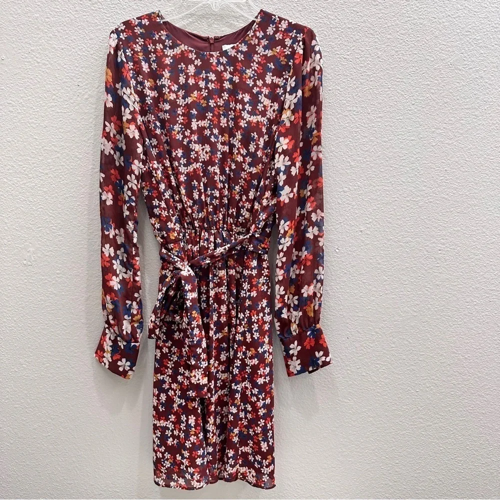 Jason Wu Collective Dress Floral Print Long Sleeve Tie Waist Mini Red Size 2